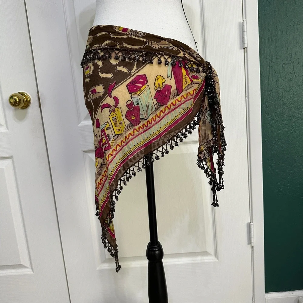 Vintage ATG Perfume Bottle Beaded Fringe Scarf Wrap Shawl Whimsigoth Gypsy Boho